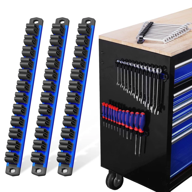 Main image of Magnetic Screwdriver and Wrench Organizer Set, 36-Slot Tool Holders 3-Pack Aluminum Rails, Magnetic Force, Flexible High-Tension Tool Clips, For Tool Box Drawer & Wall-Mount Storage