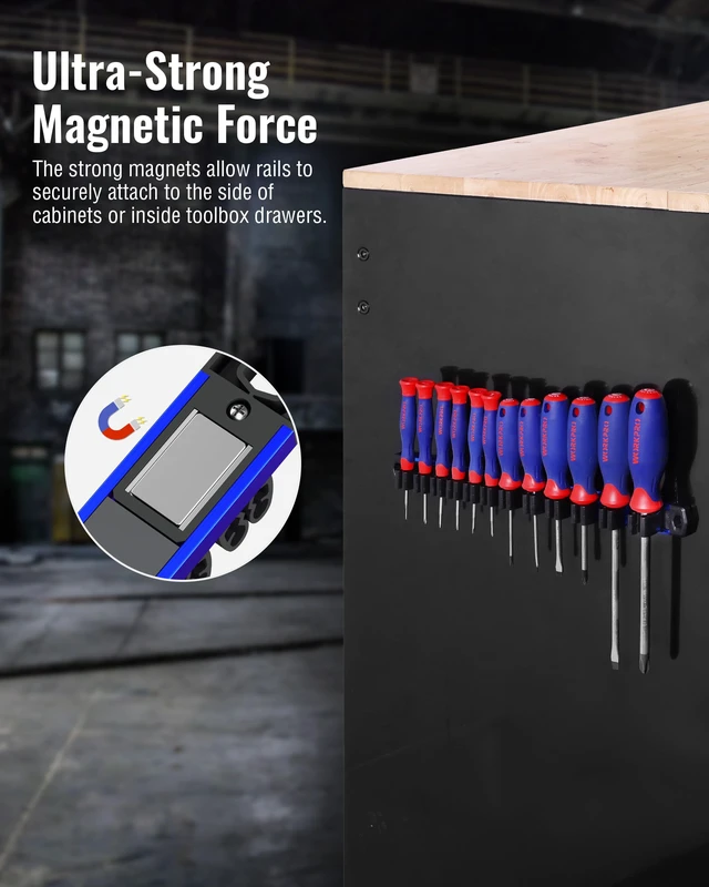 Alt view image 2 of 7 - Magnetic Screwdriver and Wrench Organizer Set, 36-Slot Tool Holders 3-Pack Aluminum Rails, Magnetic Force, Flexible High-Tension Tool Clips, For Tool Box Drawer & Wall-Mount Storage