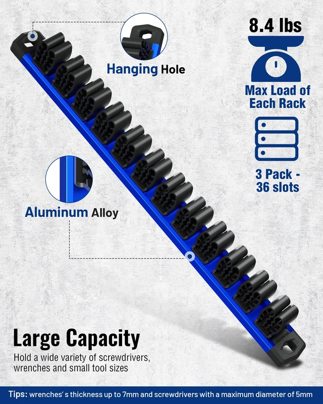 Alt view image 3 of 7 - Magnetic Screwdriver and Wrench Organizer Set, 36-Slot Tool Holders 3-Pack Aluminum Rails, Magnetic Force, Flexible High-Tension Tool Clips, For Tool Box Drawer & Wall-Mount Storage