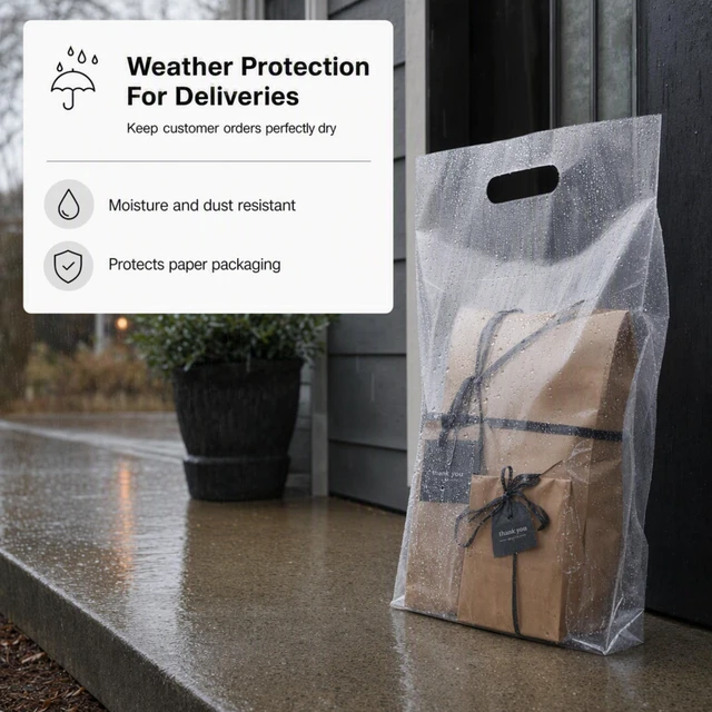 Alt view image 4 of 7 - 12"x15" Clear Plastic Bags With Handles - 2.25 Mil Extra Thick - 100 Pack Transparent Bag with Grip for Gifts, Shopping, & Merchandise - Durable LDPE Die Cut for Packaging - Bulk Clear Plastic Bag