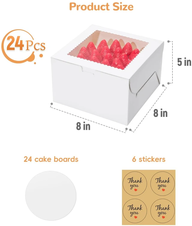 Alt view image 3 of 7 - 24Pack 8 inch Small Cake Boxes with Cake Board and Stickers Mini White Bento Cake Box for Small Cakes, Cookies, Birthday, Party, Wedding, Mother's Day, Christmas8x8x5 inch