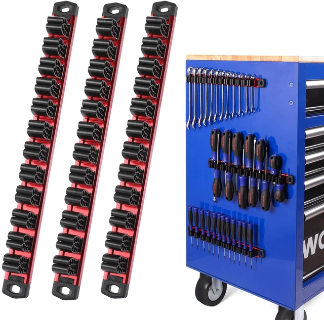 Main image of Magnetic Screwdriver and Wrench Organizer Set, 36-Slot Tool Holders 3-Pack Aluminum Rails, Magnetic Force, Flexible High-Tension Tool Clips, For Tool Box Drawer & Wall-Mount Storage