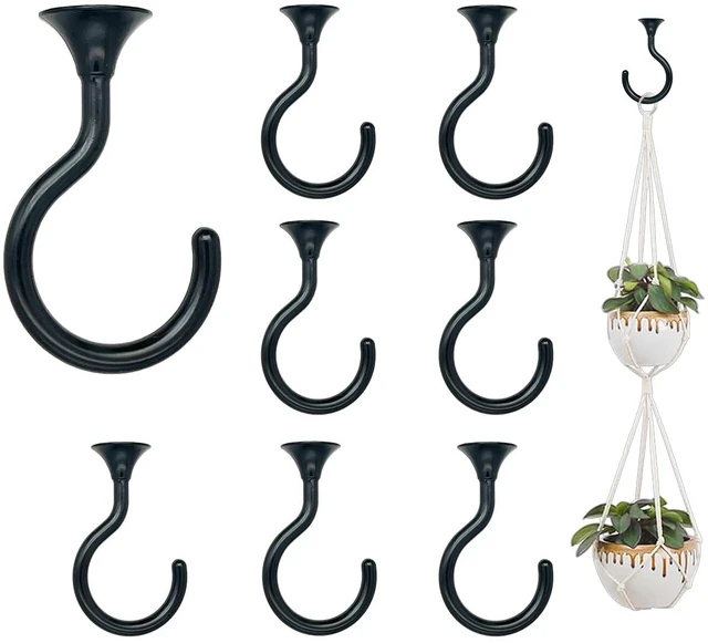 Main image of Heavy Duty Ceiling Hooks for Hanging Plants 8 Pack (Black) Holds 30 lbs on wood & concrete, 20 lbs on drywall; 2.4" rustproof swag hook for string lights, lanterns & patio use
