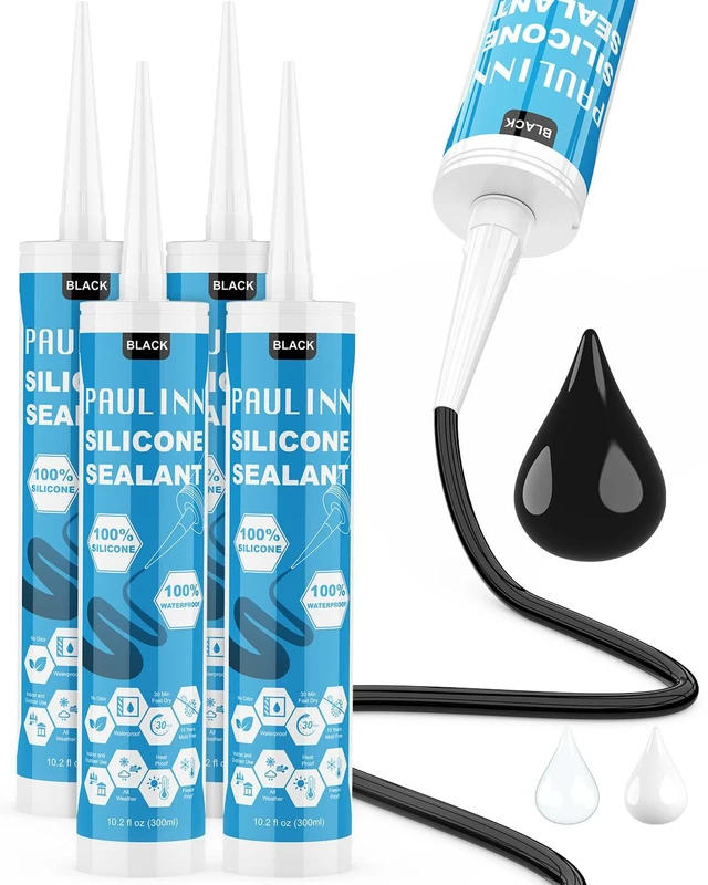 Main image of Silicone Sealant Black, 100% Silicone Caulk Waterproof for RV, Kitchen, Bath, General Use, Window, Door, Glass, Marine, 10.2 Oz, 4 Packs