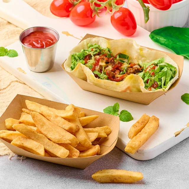 Alt view image 5 of 7 - 200 Pack 1/2 Lb Small Paper Food Trays Disposable, Mini, Brown Kraft Paper, Food Boats, Serving Baskets, For Party Nachos Fries Tacos Snacks Treats