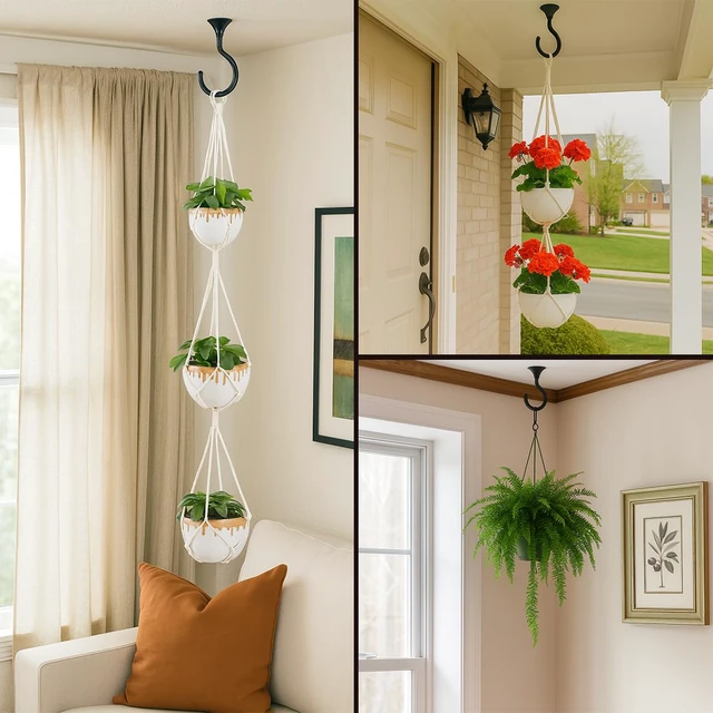 Alt view image 2 of 7 - Heavy Duty Ceiling Hooks for Hanging Plants 4 Pack (Black) Holds 30 lbs on wood & concrete, 20 lbs on drywall; 2.4" rustproof swag hook for string lights, lanterns & patio use