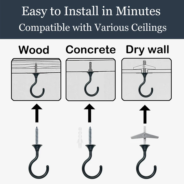 Alt view image 4 of 7 - Heavy Duty Ceiling Hooks for Hanging Plants 4 Pack (Black) Holds 30 lbs on wood & concrete, 20 lbs on drywall; 2.4" rustproof swag hook for string lights, lanterns & patio use