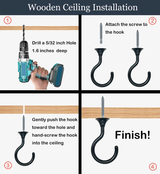 Alt view image 5 of 7 - Heavy Duty Ceiling Hooks for Hanging Plants 4 Pack (Black) Holds 30 lbs on wood & concrete, 20 lbs on drywall; 2.4" rustproof swag hook for string lights, lanterns & patio use
