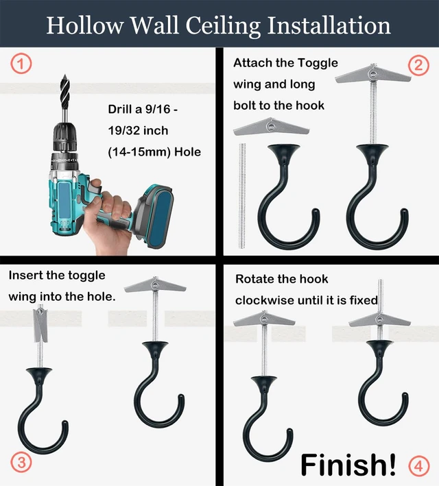 Alt view image 6 of 7 - Heavy Duty Ceiling Hooks for Hanging Plants 4 Pack (Black) Holds 30 lbs on wood & concrete, 20 lbs on drywall; 2.4" rustproof swag hook for string lights, lanterns & patio use