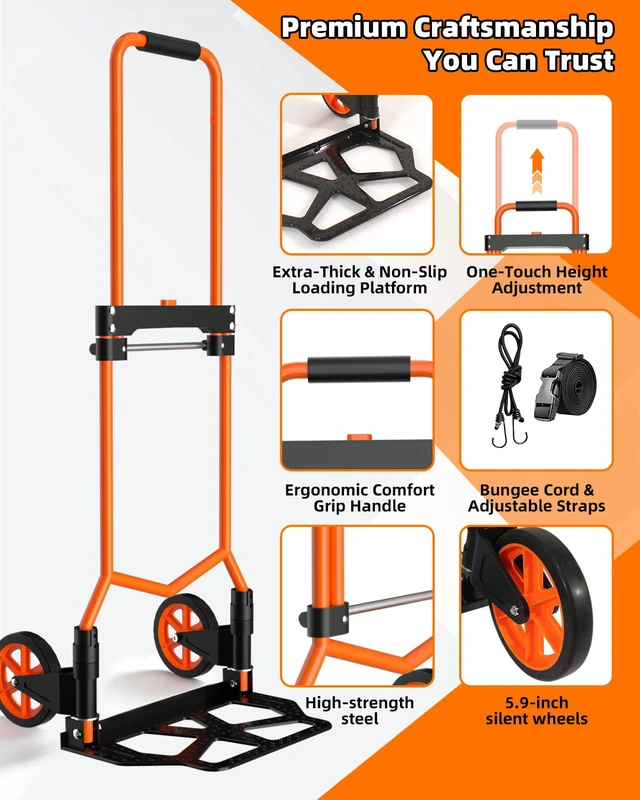 Alt view image 3 of 7 - Folding Hand Truck, 180Lbs Capacity, Portable Dolly Cart with 5.9" Wheels and Telescoping Handle, Lightweight Hand Truck Dolly for Dormitory, Home, Office, Food, Shopping, logistics, Warehouse, Orange