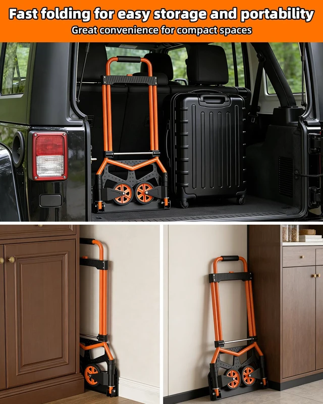 Alt view image 4 of 7 - Folding Hand Truck, 180Lbs Capacity, Portable Dolly Cart with 5.9" Wheels and Telescoping Handle, Lightweight Hand Truck Dolly for Dormitory, Home, Office, Food, Shopping, logistics, Warehouse, Orange