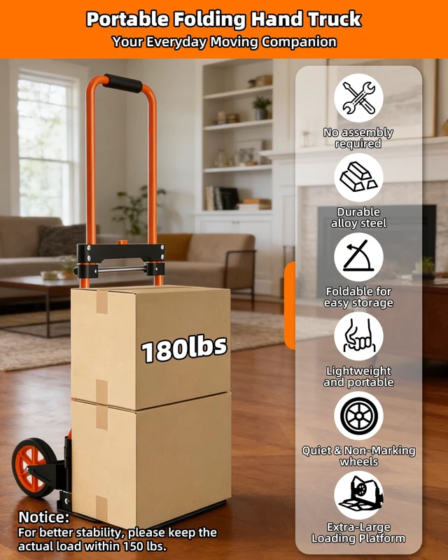 Alt view image 2 of 7 - Folding Hand Truck, 180Lbs Capacity, Portable Dolly Cart with 5.9" Wheels and Telescoping Handle, Lightweight Hand Truck Dolly for Dormitory, Home, Office, Food, Shopping, logistics, Warehouse, Orange