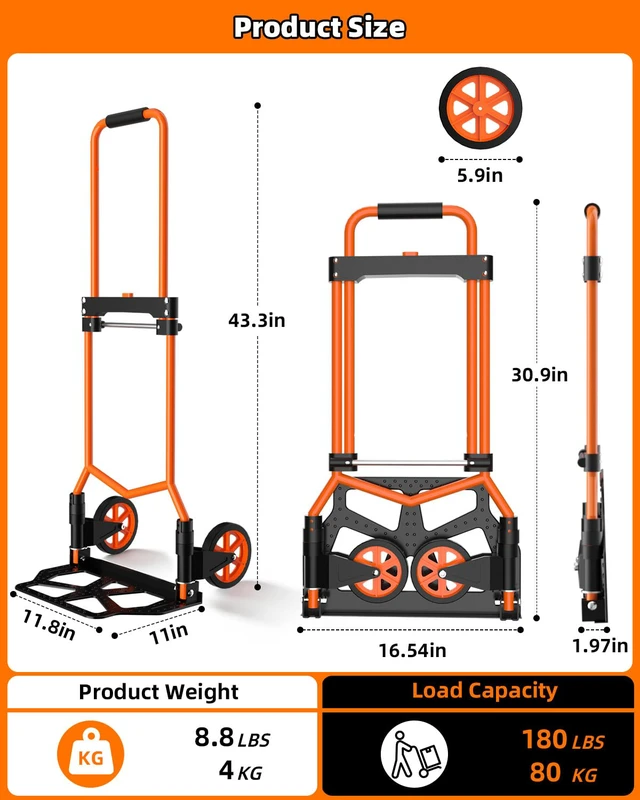 Alt view image 5 of 7 - Folding Hand Truck, 180Lbs Capacity, Portable Dolly Cart with 5.9" Wheels and Telescoping Handle, Lightweight Hand Truck Dolly for Dormitory, Home, Office, Food, Shopping, logistics, Warehouse, Orange