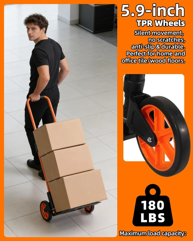 Alt view image 7 of 7 - Folding Hand Truck, 180Lbs Capacity, Portable Dolly Cart with 5.9" Wheels and Telescoping Handle, Lightweight Hand Truck Dolly for Dormitory, Home, Office, Food, Shopping, logistics, Warehouse, Orange