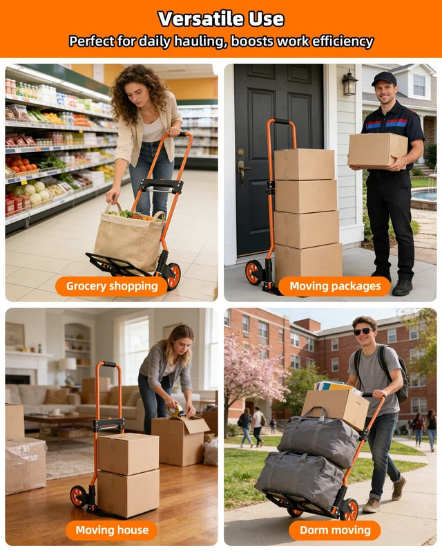 Alt view image 6 of 7 - Folding Hand Truck, 180Lbs Capacity, Portable Dolly Cart with 5.9" Wheels and Telescoping Handle, Lightweight Hand Truck Dolly for Dormitory, Home, Office, Food, Shopping, logistics, Warehouse, Orange