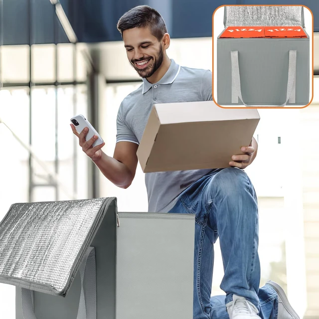 Alt view image 3 of 6 - 2 Pack Insulated Grocery Shopping Bag, XL Catering Bag for Keep Food Warm Large Capacity & Collapsible, Grey Pizza Cooler Bags for Grocery Shopping, Picnics, Takeout, Camping