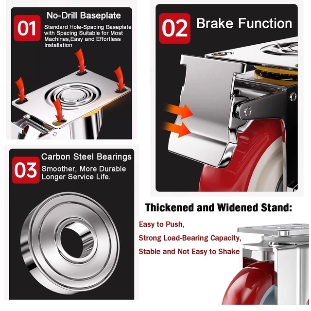 Alt view image 3 of 7 - 3 inch Casters Load 2000lbs -Includes Complete Screws Sets with Accessories -Lockable Bearing Plate Heavy Duty Caster with Brakes, 360-degree Swivel for Furniture and Workbench Cart, Set of 4