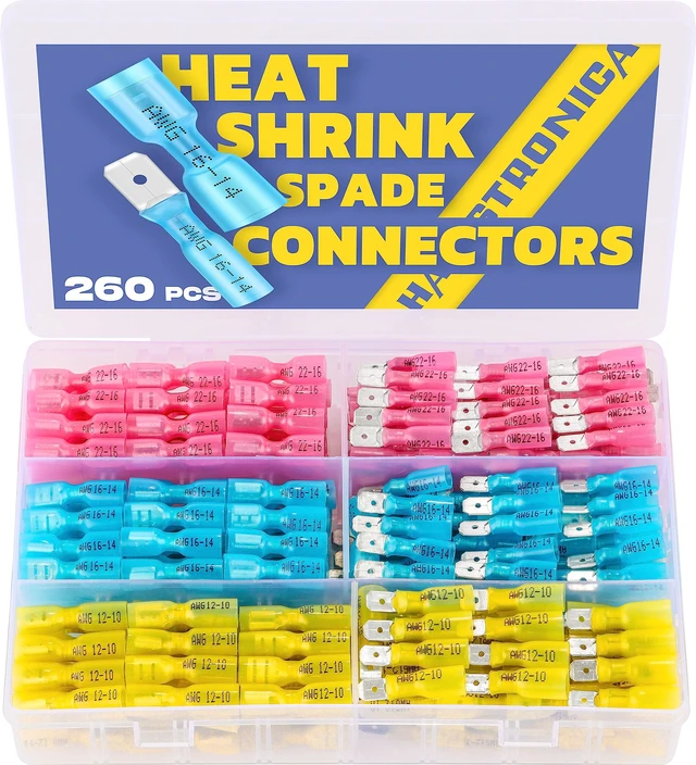Main image of 260PCS Heat Shrink Spade Connectors, 22-10 AWG, Male/Female Quick Disconnect Wire Connectors for Automotive, Watercraft & Electronics, 3:1 Adhesive-Lined Crimp Terminals