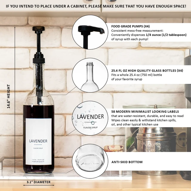 Alt view image 2 of 6 - 25.4 oz 750 ml Glass Coffee Syrup Dispenser for Coffee Bar - 4 Pack - Comprehensive Label Set & ¼ oz Pumps Included