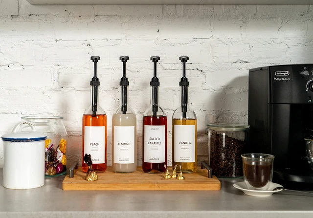 Alt view image 5 of 6 - 25.4 oz 750 ml Glass Coffee Syrup Dispenser for Coffee Bar - 4 Pack - Comprehensive Label Set & ¼ oz Pumps Included