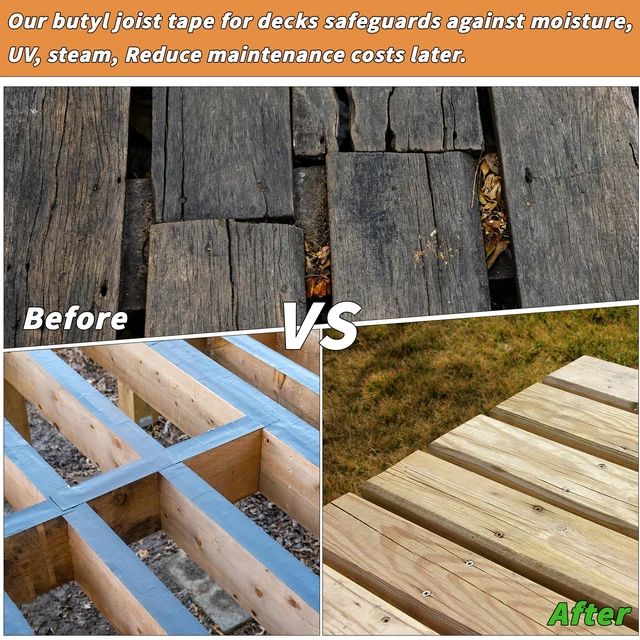 Alt view image 6 of 7 - 2 Rolls Butyl Joist Tape for decking, 6 Inch x 50 Feet Weatherproof Butyl Sealant Deck Tape Joist-Beam Deck Joist Tape Bulk for Wood Joists Decks Beams Roof