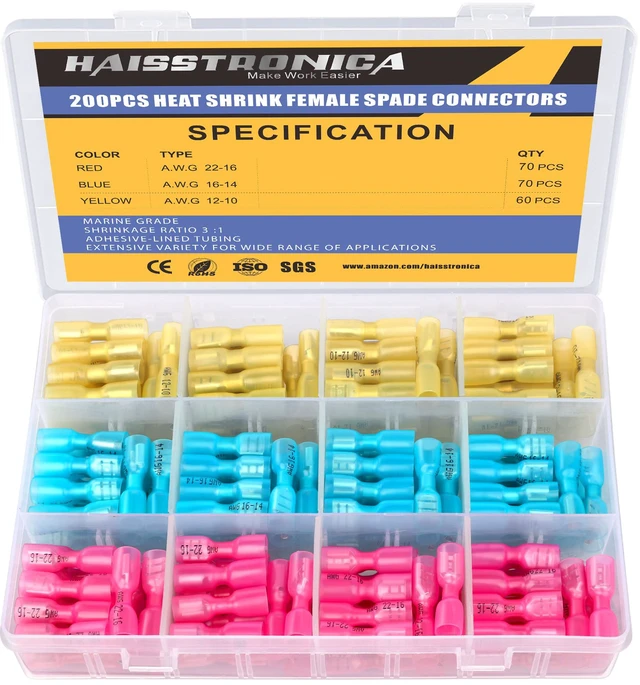Main image of 200PCS Heat Shrink Spade Connectors, 22-10 AWG, Female Female Replacements for Existing Male Tabs, Quick Disconnects for Component Service, 3:1 Adhesive-Lined Seal, Wire Connectors