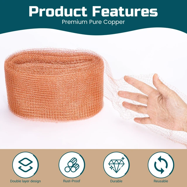 Alt view image 2 of 7 - Copper Mesh Rodent Control Kit, 4in x 120ft Rustproof Pure Copper Mesh Roll Ideal for Slug Snail Mice Control, for Blocking Holes in Walls Vents, Plus Packing Tool for Easy Installation
