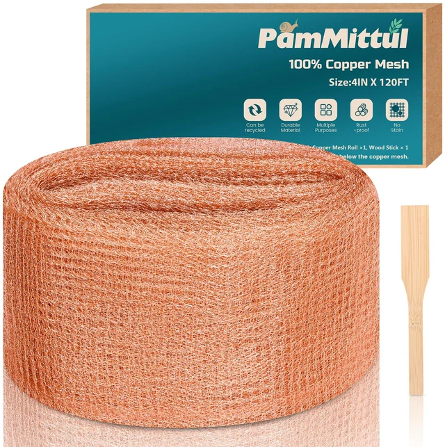 Main image of Copper Mesh Rodent Control Kit, 4in x 120ft Rustproof Pure Copper Mesh Roll Ideal for Slug Snail Mice Control, for Blocking Holes in Walls Vents, Plus Packing Tool for Easy Installation