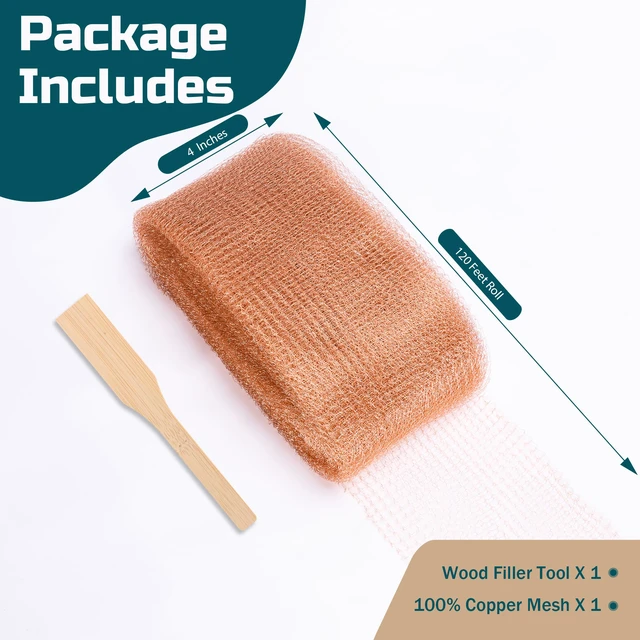 Alt view image 3 of 7 - Copper Mesh Rodent Control Kit, 4in x 120ft Rustproof Pure Copper Mesh Roll Ideal for Slug Snail Mice Control, for Blocking Holes in Walls Vents, Plus Packing Tool for Easy Installation