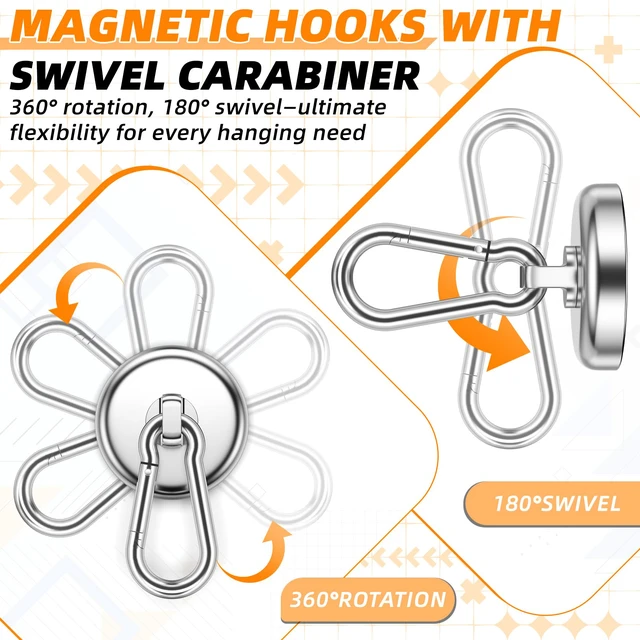 Alt view image 6 of 7 - 150 LBS Heavy Duty Magnetic Hook, Strong Magnetic Hooks, 10 Pack Magnetic Hooks with Swivel Carabiner, Magnetic Hooks for Hanging, Cruise Cabins, Office, Kitchen, RV