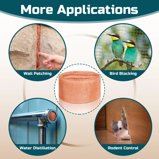 Alt view image 5 of 7 - Copper Mesh Rodent Control Kit, 4in x 120ft Rustproof Pure Copper Mesh Roll Ideal for Slug Snail Mice Control, for Blocking Holes in Walls Vents, Plus Packing Tool for Easy Installation