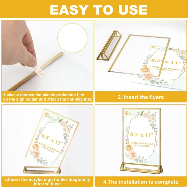 Alt view image 5 of 7 - 10 Pack 8.5×11 Clear Acrylic Sign Holder with Gold Borders and Vertical Stand, Double Sided Table Menu Holders Picture Frames for Wedding Table Numbers, Restaurant Signs, Photos and Art Display