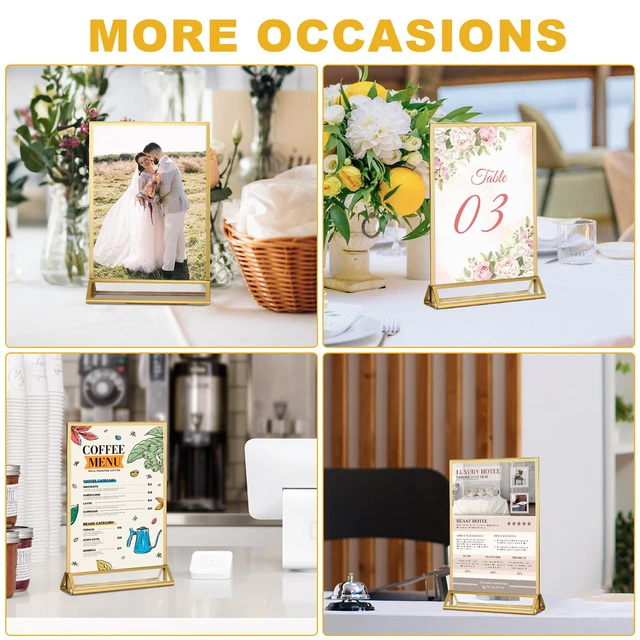 Alt view image 5 of 6 - 14 Pack 5×7 Clear Acrylic Sign Holder with Gold Borders and Vertical Stand, Double Sided Table Menu Holders Picture Frames for Wedding Table Numbers, Restaurant Signs, Photos and Art Display