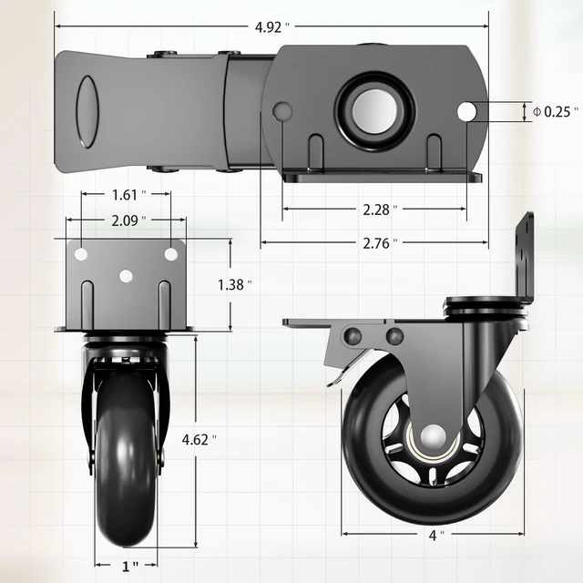 Alt view image 2 of 7 - 4 in Side Mount Plate Caster Wheels Heavy Duty 1200 LBS Thickened L-Shaped, 360° Swivel, Locking Dual Brake, Quiet Non-Marking Black Wheels, Set of 4 for Furniture, Carts, Cabinet