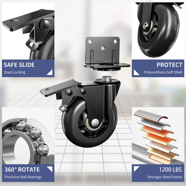 Alt view image 3 of 7 - 4 in Side Mount Plate Caster Wheels Heavy Duty 1200 LBS Thickened L-Shaped, 360° Swivel, Locking Dual Brake, Quiet Non-Marking Black Wheels, Set of 4 for Furniture, Carts, Cabinet