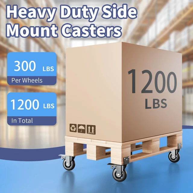 Alt view image 4 of 7 - 4 in Side Mount Plate Caster Wheels Heavy Duty 1200 LBS Thickened L-Shaped, 360° Swivel, Locking Dual Brake, Quiet Non-Marking Black Wheels, Set of 4 for Furniture, Carts, Cabinet