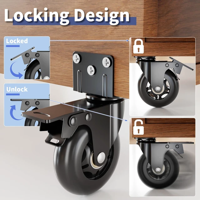 Alt view image 5 of 7 - 4 in Side Mount Plate Caster Wheels Heavy Duty 1200 LBS Thickened L-Shaped, 360° Swivel, Locking Dual Brake, Quiet Non-Marking Black Wheels, Set of 4 for Furniture, Carts, Cabinet