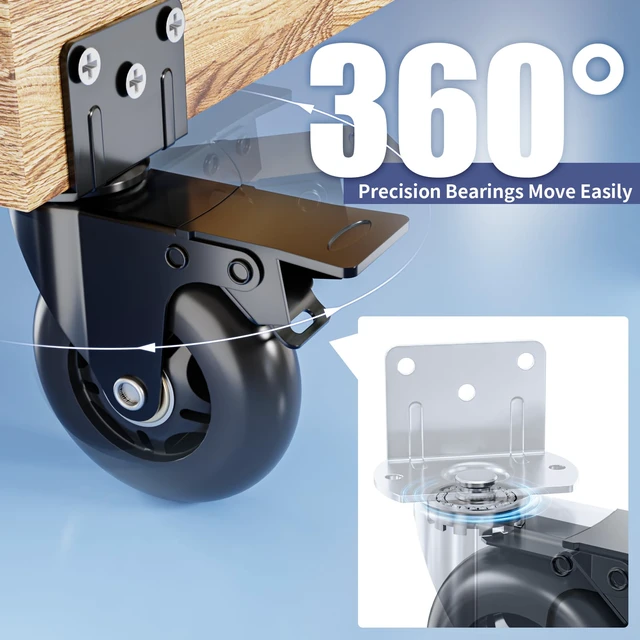 Alt view image 6 of 7 - 4 in Side Mount Plate Caster Wheels Heavy Duty 1200 LBS Thickened L-Shaped, 360° Swivel, Locking Dual Brake, Quiet Non-Marking Black Wheels, Set of 4 for Furniture, Carts, Cabinet