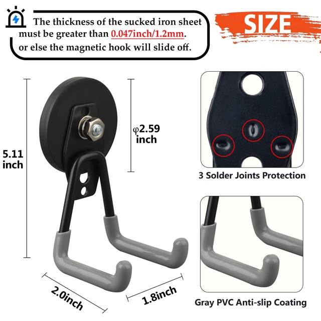 Alt view image 2 of 6 - Heavy Duty Magnetic Hooks,Strong Large Magnet Hooks for Power Drill,Garden Tools, Hose,Pegboard,Garage, Workshop,2 Pack Magnetic Storage Hooks for Indoor Outdoor Hanging(Gray)