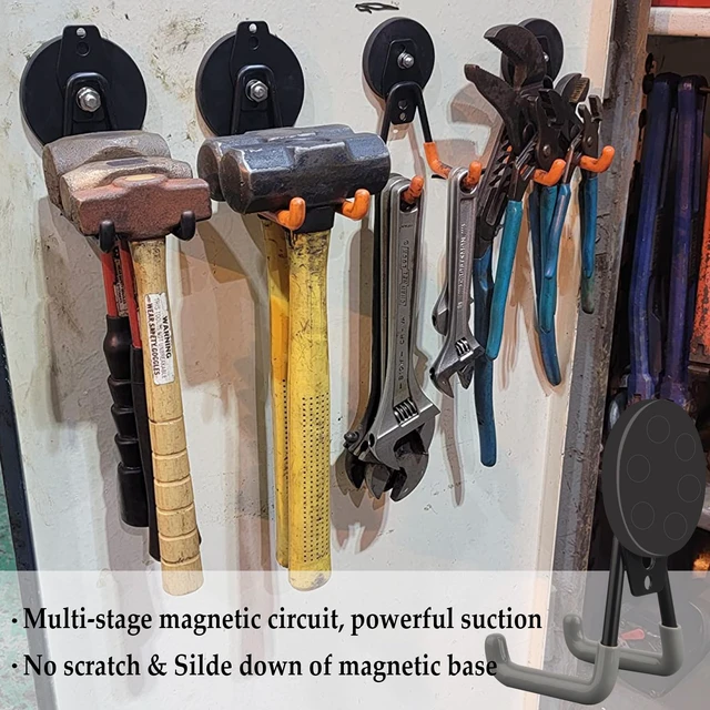 Alt view image 3 of 6 - Heavy Duty Magnetic Hooks,Strong Large Magnet Hooks for Power Drill,Garden Tools, Hose,Pegboard,Garage, Workshop,2 Pack Magnetic Storage Hooks for Indoor Outdoor Hanging(Gray)
