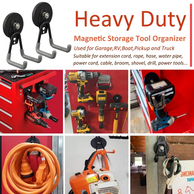 Alt view image 4 of 6 - Heavy Duty Magnetic Hooks,Strong Large Magnet Hooks for Power Drill,Garden Tools, Hose,Pegboard,Garage, Workshop,2 Pack Magnetic Storage Hooks for Indoor Outdoor Hanging(Gray)