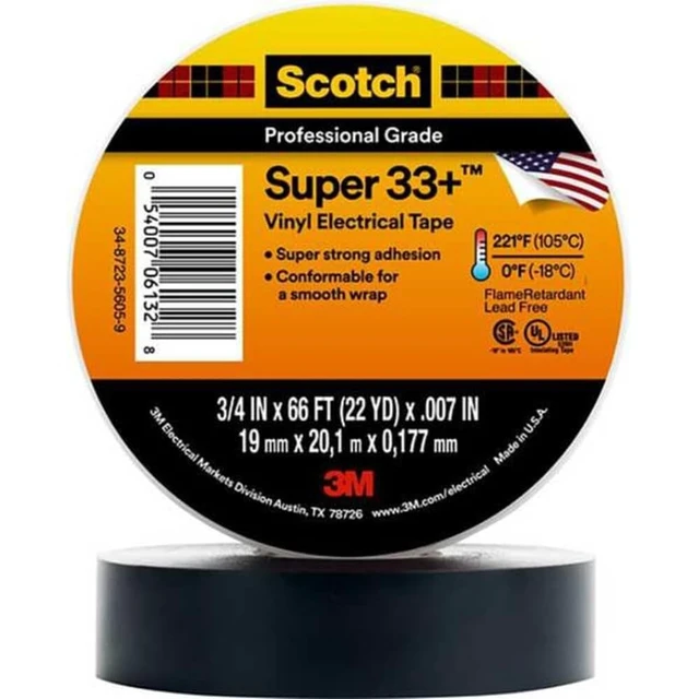 Main image of Scotch Super 33+ Electrical Tape, 2 in x 66 ft, 1 Roll, Black Premium Grade All-Weather Vinyl, Resistant to Abrasion, Moisture, Corrosion, Alkalies, 1-1/2 in Core