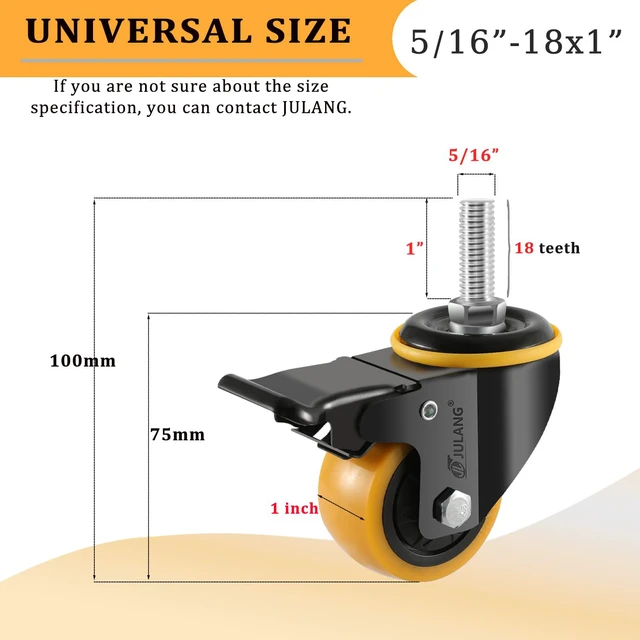 Alt view image 2 of 7 - 2 inch Caster Wheels 5/16 Threaded Stem Casters Set of 4 Heavy Duty (4, orange, 2in (5/16"-18)), Smooth & Quiet-Rolling, for Cart, Tool Box, Workbenche, Furniture, Wire Shelving