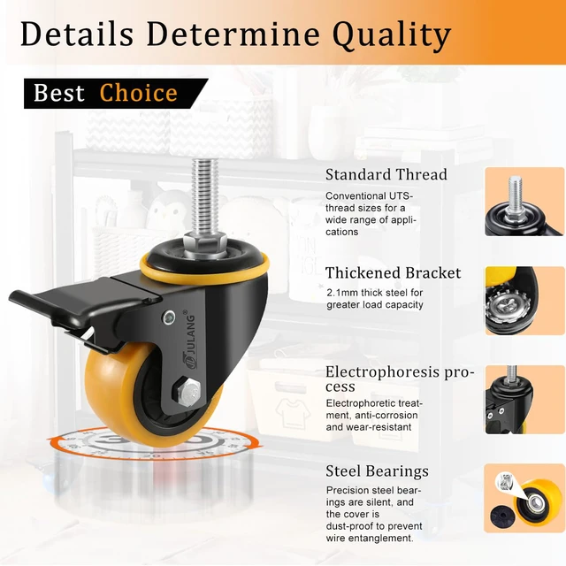 Alt view image 5 of 7 - 2 inch Caster Wheels 5/16 Threaded Stem Casters Set of 4 Heavy Duty (4, orange, 2in (5/16"-18)), Smooth & Quiet-Rolling, for Cart, Tool Box, Workbenche, Furniture, Wire Shelving