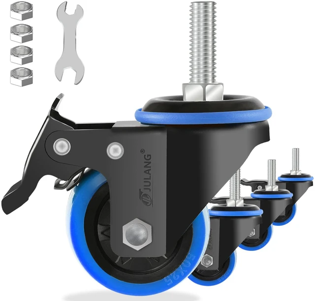 Main image of 2 inch Caster Wheels 3/8" Threaded Stem Casters Set of 4 Heavy Duty (4, blue, 2in (3/8"-16)), Dual Locking, Smooth & Quiet-Rolling, for Wire Shelving, Carts, Furniture