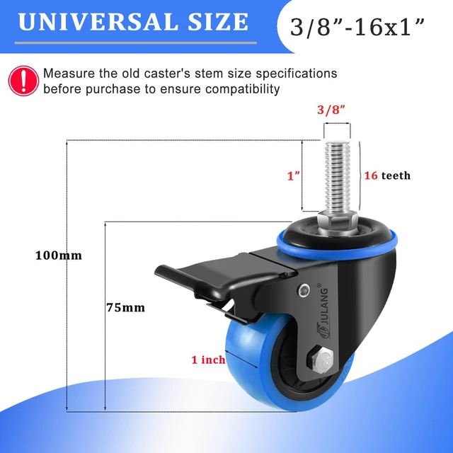 Alt view image 2 of 7 - 2 inch Caster Wheels 3/8" Threaded Stem Casters Set of 4 Heavy Duty (4, blue, 2in (3/8"-16)), Dual Locking, Smooth & Quiet-Rolling, for Wire Shelving, Carts, Furniture