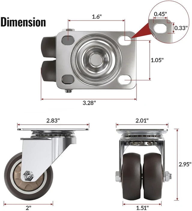 Alt view image 2 of 7 - Dual Caster Wheels 2 inch Heavy Duty Furniture Casters Set of 4 No Brake 880 LBS Rubber Castors No Noise Ball Bearing Swive Castor Wheels for Furniture Small Wheels for Desk,TV Stand,Coffee Table