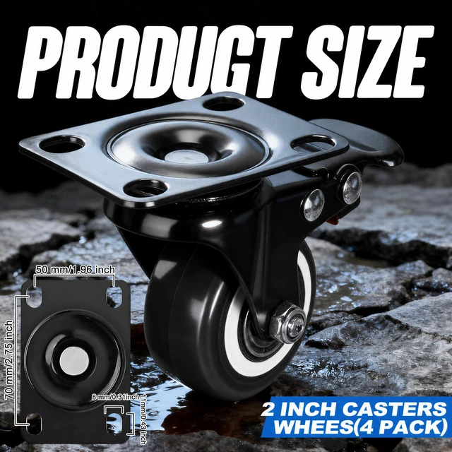 Alt view image 2 of 7 - 2 Inch Caster Wheels Set of 4, Dual Locking Small PU Casters 150LB Each, 360° Swivel Casters for Furniture, Cart & Workbench Quiet, Smooth & Floor Safe