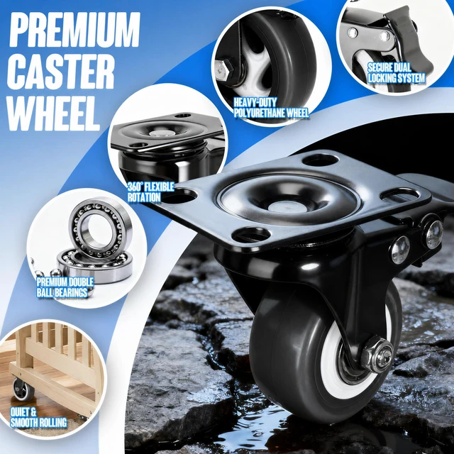 Alt view image 6 of 7 - 2 Inch Caster Wheels Set of 4, Dual Locking Small PU Casters 150LB Each, 360° Swivel Casters for Furniture, Cart & Workbench Quiet, Smooth & Floor Safe