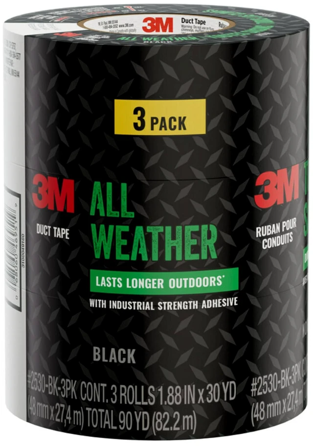 Main image of All Weather Black Duct Tape, 1.88 in x 30 yd, UV/Water Resistant Stands up to Heat, Sunlight, Rain, Sleet & Snow, For Patching, Reparing Outdoor Items and Reinforcing Tools (2530-BK-3PK)